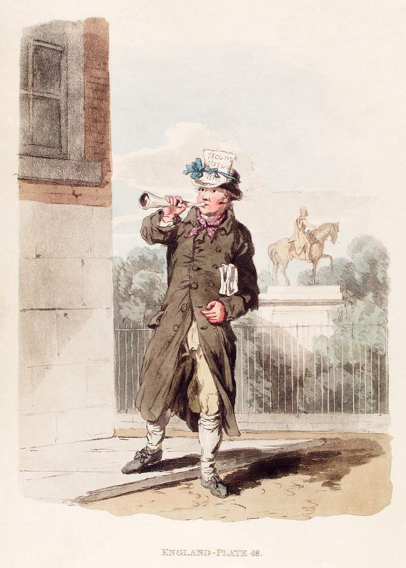 Illustration of a newsman from Picturesque Representations of the Dress and Manners of the English(1814) by William Alexander…