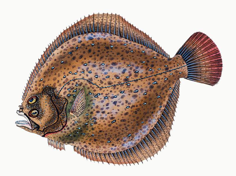 Small-headed Dab (Pleuronectes microcephalus) illustration from The Natural History of British Fishes (1802) by Edward…
