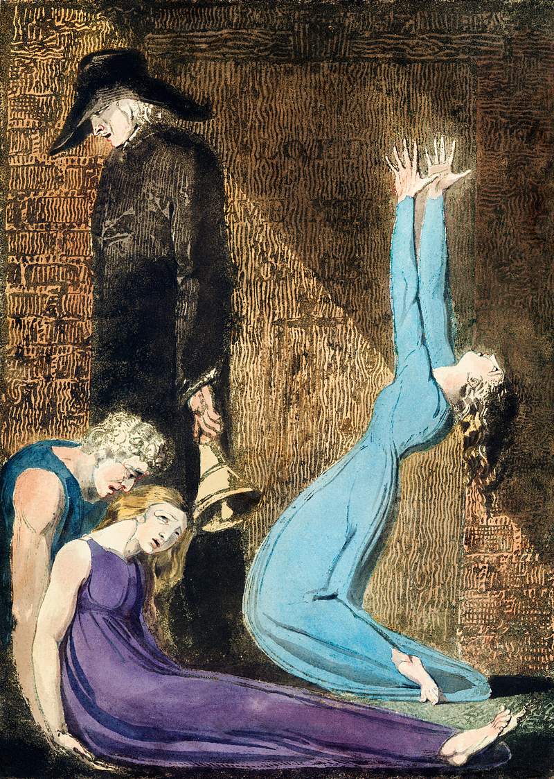 Man supporting a supine woman, an aged man with bell, and a woman in a blue dress raising arms illustration from Europe: a Prophecy by William Blake (1752-1827). Original from The New York Public Library. Digitally enhanced by rawpixel. Man supporting a supine woman, an aged man with bell, and a woman in a blue dress raising arms illustration from Europe: a…