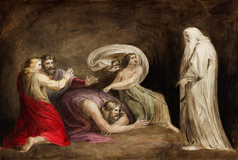 Witch of Endor raising the spirit of Samuel illustration by William Blake (1752-1827). Original from The New York Public Library. Digitally enhanced by rawpixel. Witch of Endor raising the spirit of Samuel illustration by William Blake (1752-1827). Original from The New York Public…