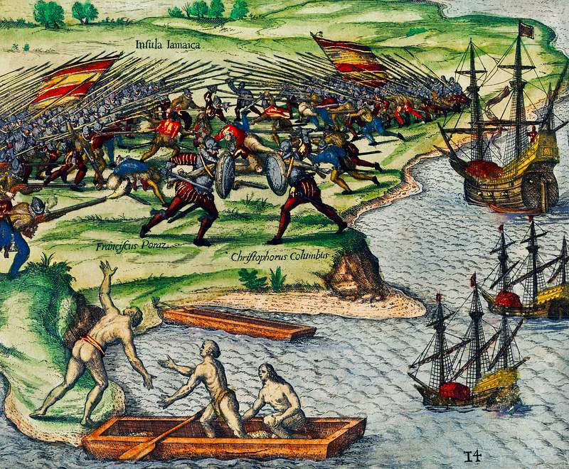 Battle between Francisco Poras and Columbus on Jamaica illustration from Grand voyages (1596) by Theodor de Bry (1528-1598).…
