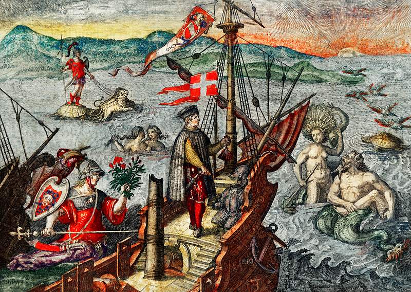 Christopher Columbus illustration from Grand voyages (1596) by Theodor de Bry (1528-1598). Original from The New York Public…