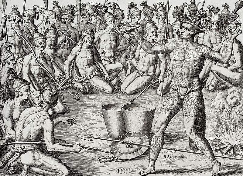 Ceremonies Performed by Saturioua Before Going on an Expedition Against the Enemy illustration from Grand voyages (1596) by…