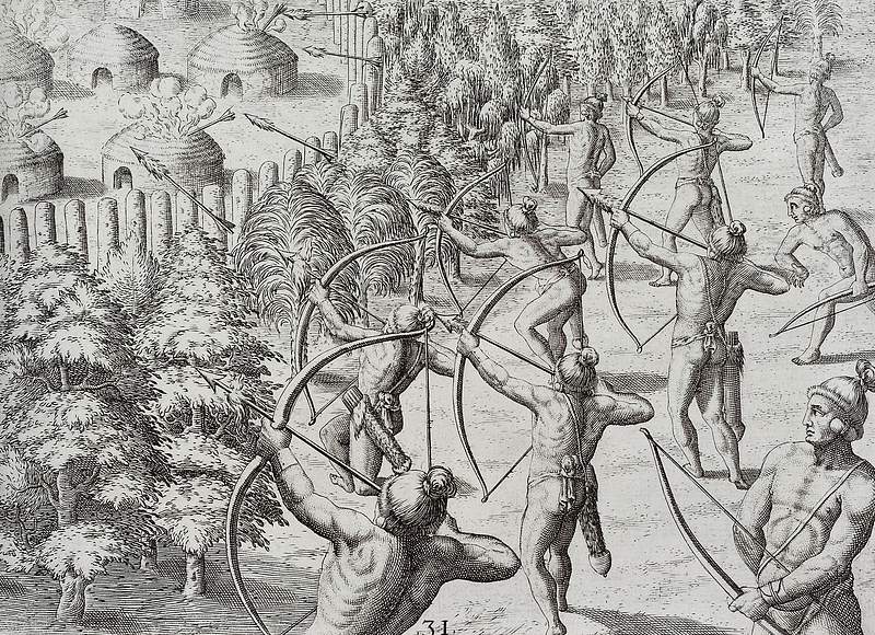 Method of setting an enemy town on fire at night illustration from Grand voyages (1596) by Theodor de Bry (1528-1598).…