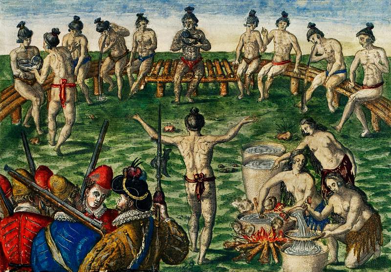 A council of state and A fortified village ; Construction of a native Floridian town illustration from Grand voyages (1596)…