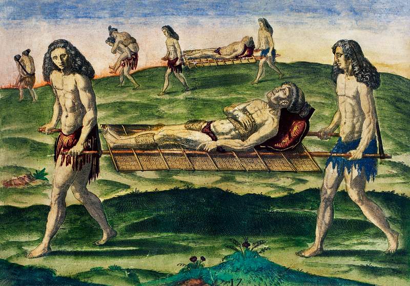 Carrying the wounded ; The widows approach the chief illustration from Grand voyages (1596) by Theodor de Bry (1528-1598).…