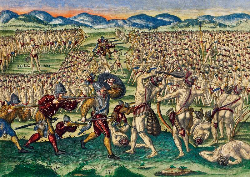 Outina, aided by the French, overcomes his enemy, Potanou ; Outina departs for war with military discipline illustration from…