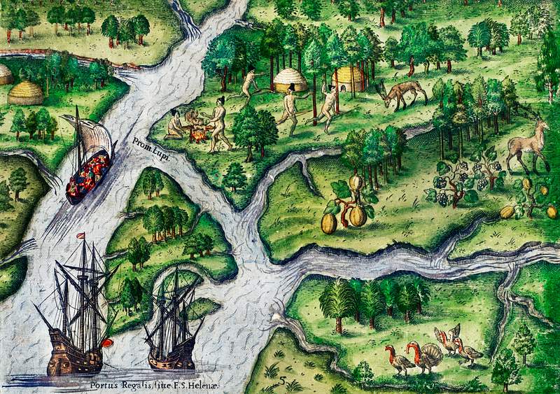 Port Royal, South Carolina illustration from Grand voyages (1596) by Theodor de Bry (1528-1598). Original from The New York…