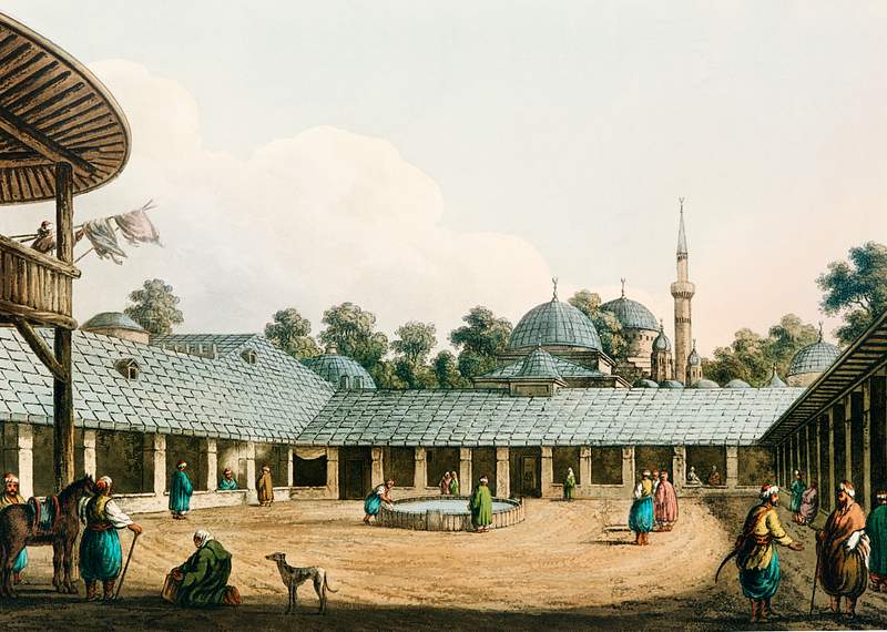 Caravansary at Borgas from Views in the Ottoman Dominions, in Europe, in Asia, and some of the Mediterranean islands (1810)…