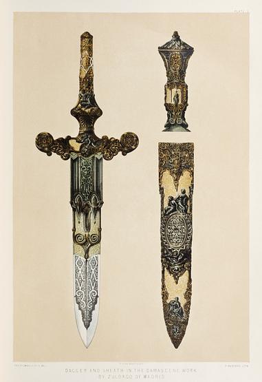 Dagger and sheath in the Damascene work by Zuloago of Madrid from the Industrial arts of the Nineteenth Century (1851-1853) by Sir Matthew Digby wyatt (1820-1877). Dagger and sheath in the Damascene work by Zuloago of Madrid from the Industrial arts of the Nineteenth Century (1851-1853)…
