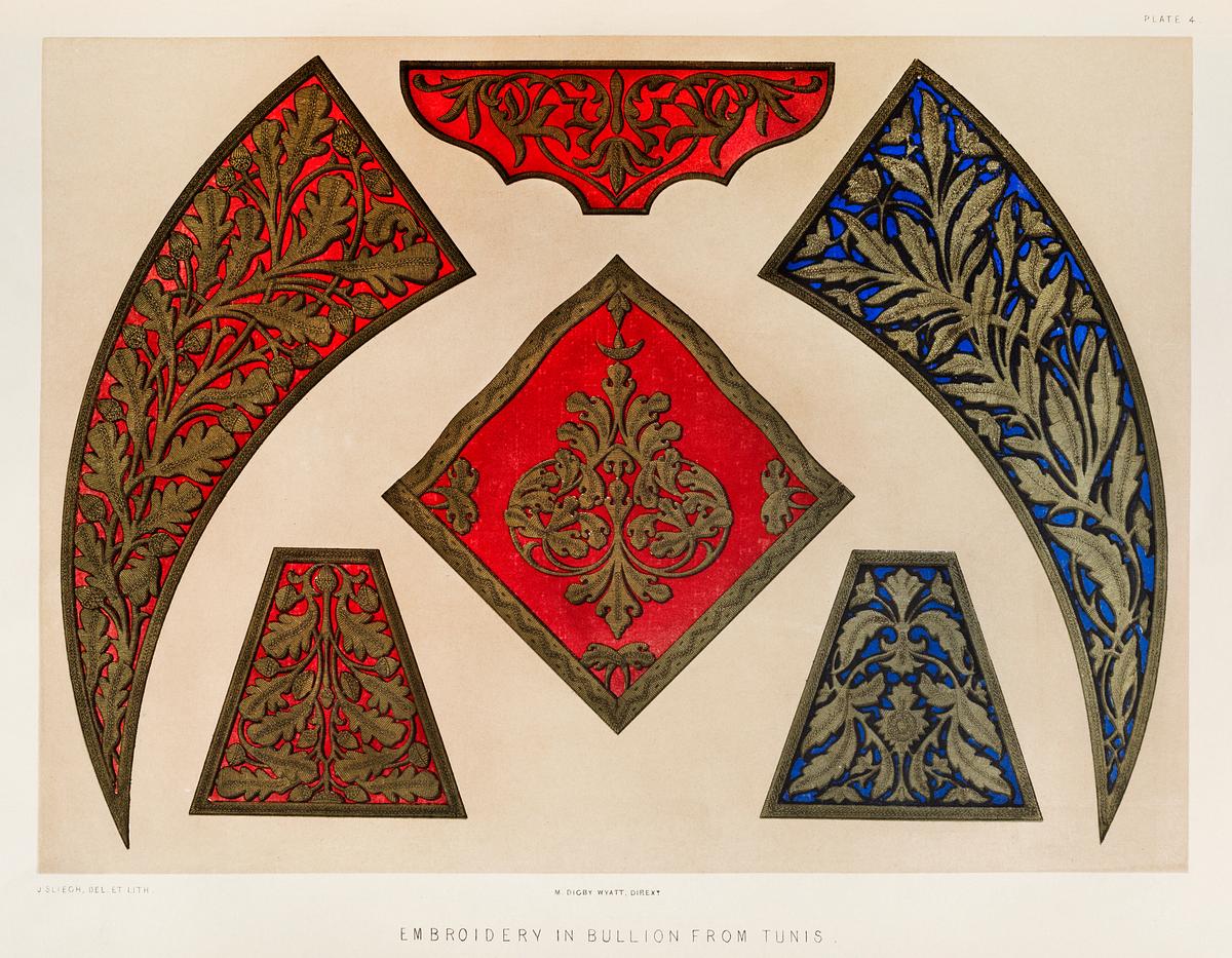 Embroidery in bullion of Tunis from the… | Free public domain illustration Embroidery in bullion of Tunis from the Industrial arts of the Nineteenth Century (1851-1853) by Sir Matthew Digby wyatt…