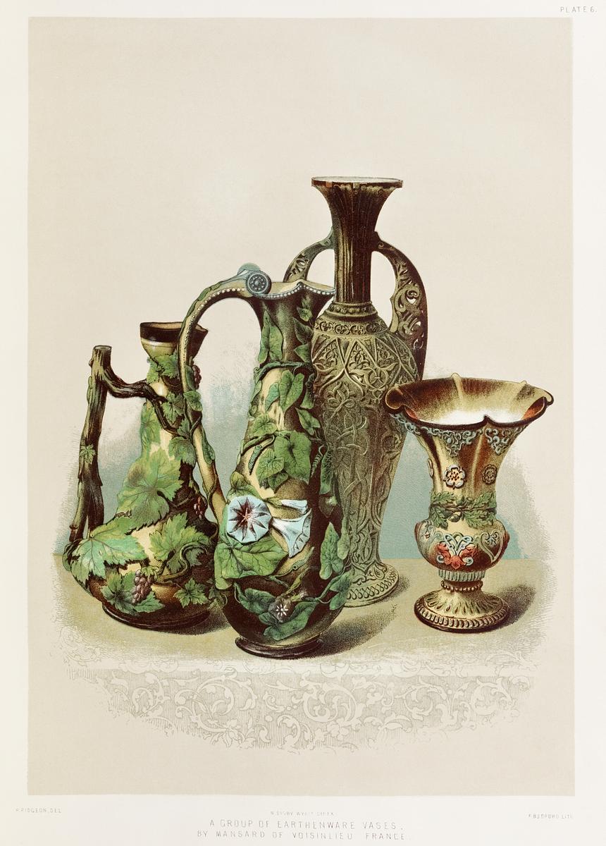 A group of earthenware vases by Mansard of… | Free public domain illustration A group of earthenware vases by Mansard of Voisinlieu France from the Industrial arts of the Nineteenth Century (1851-1853)…