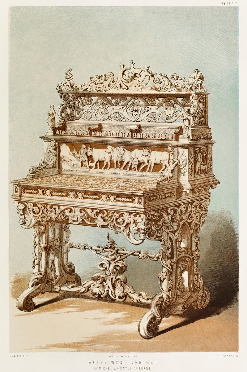 White-wood cabinet by Michel L. Wettli of… | Free public domain illustration White-wood cabinet by Michel L. Wettli of Berne from the Industrial arts of the Nineteenth Century (1851-1853) by Sir Matthew…