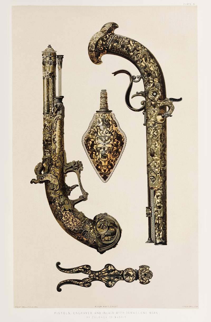 Pistols engraved and inlaid with Damascene… | Free public domain illustration Pistols engraved and inlaid with Damascene work by Zuloaga of Madrid from the Industrial arts of the Nineteenth Century (1851…