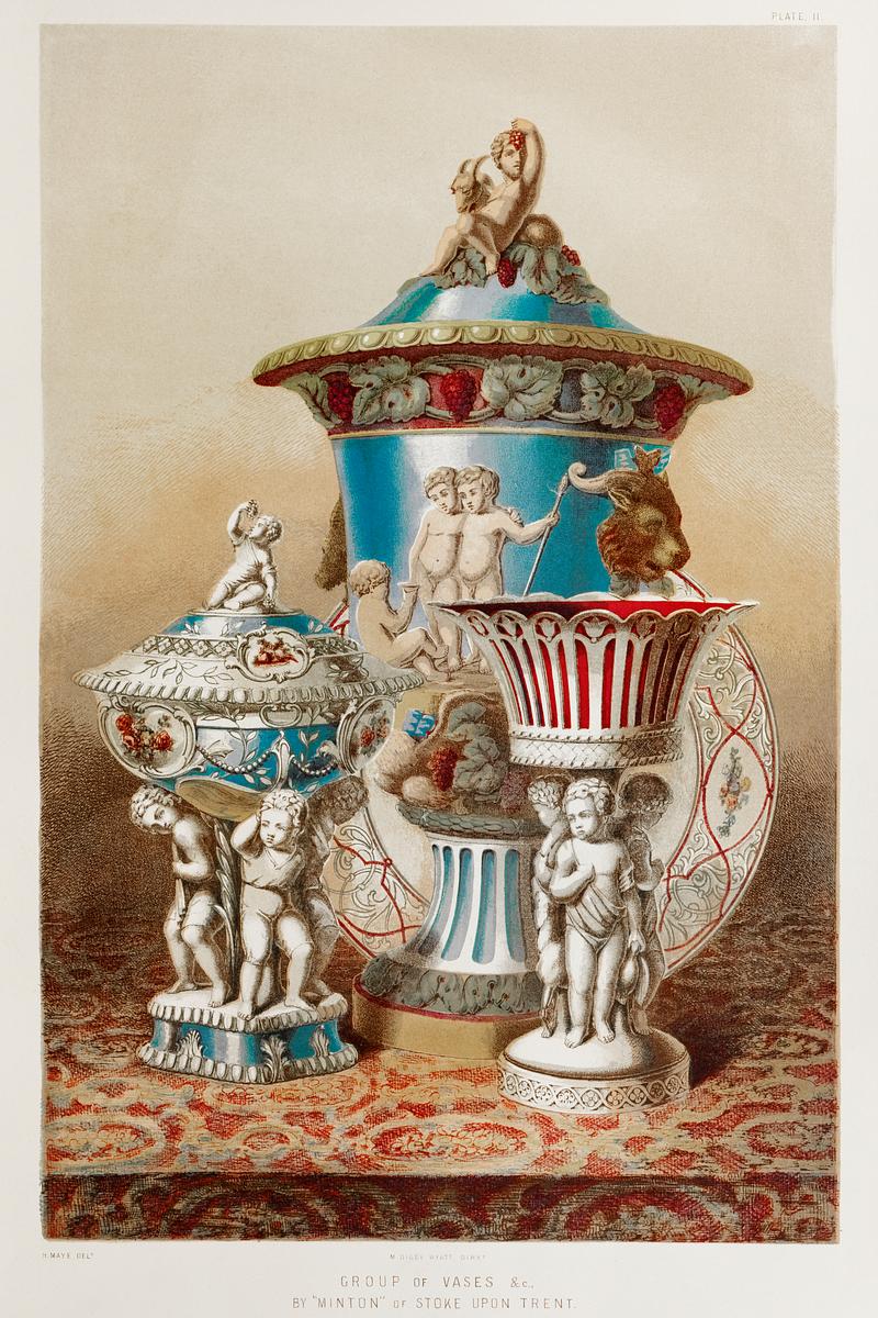 Group of vases & c. by "Minton" of Stoke upon… | Free public domain illustration Group of vases & c. by "Minton" of Stoke upon Trent from the Industrial arts of the Nineteenth Century (1851-1853) by Sir…