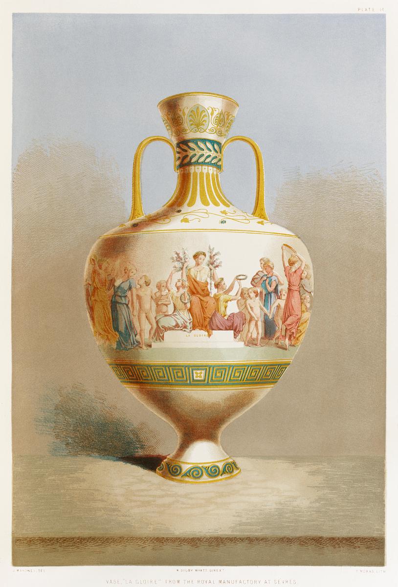 Vase "la gloire" from the royal manufactory… | Free public domain illustration Vase "la gloire" from the royal manufactory at Sévres from the Industrial arts of the Nineteenth Century (1851-1853)…