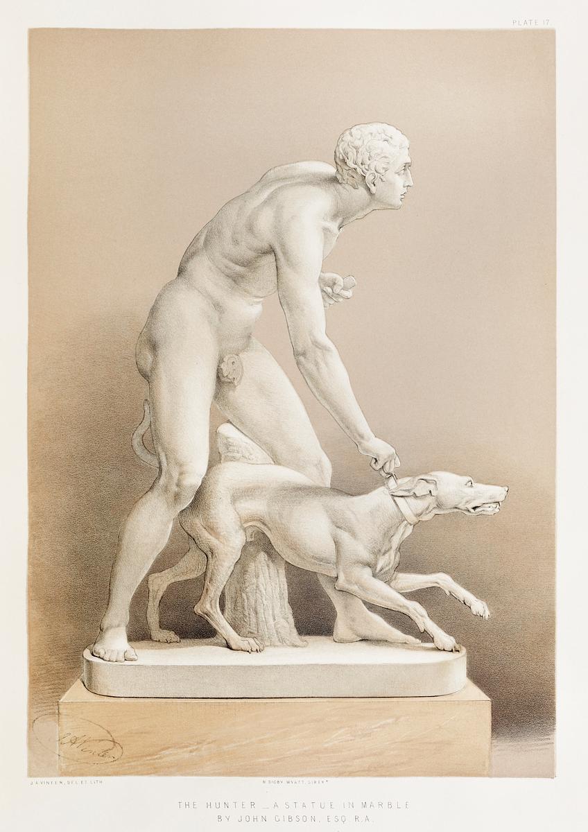 "The hunter" a statue in marble by John… | Free public domain illustration "The hunter" a statue in marble by John Gibson from the Industrial arts of the Nineteenth Century (1851-1853) by Sir Matthew…