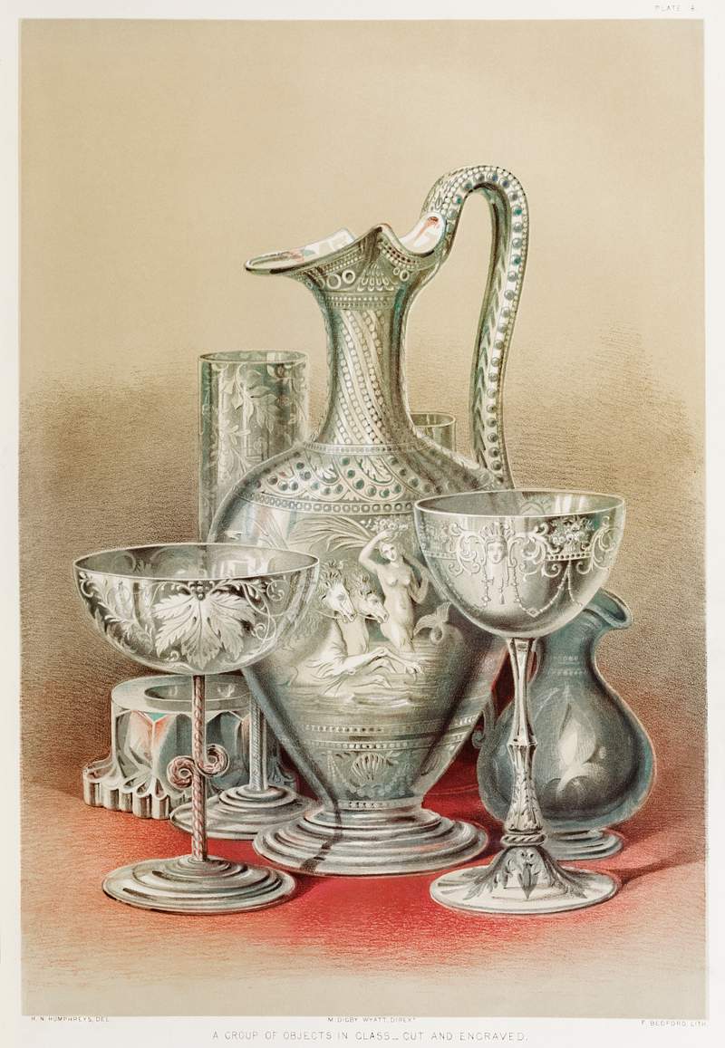 Group of objects in glass from the Industrial… | Free public domain illustration Group of objects in glass from the Industrial arts of the Nineteenth Century (1851-1853) by Sir Matthew Digby wyatt (1820…