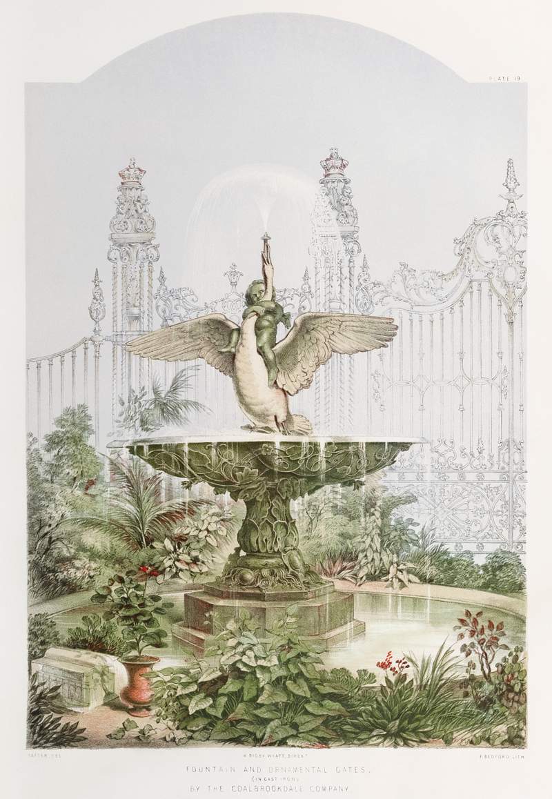 Fountain and ornamental gates from the… | Free public domain illustration Fountain and ornamental gates from the Industrial arts of the Nineteenth Century (1851-1853) by Sir Matthew Digby wyatt (1820…