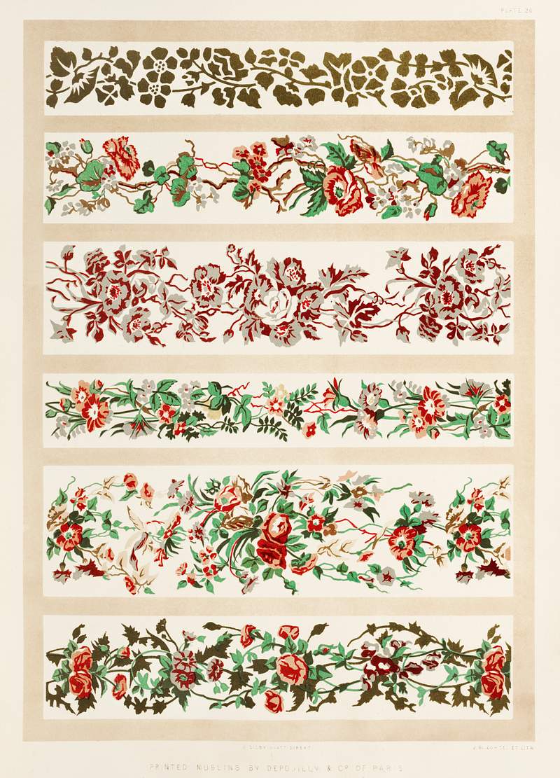 Printed muslins from the Industrial arts of… | Free public domain illustration Printed muslins from the Industrial arts of the Nineteenth Century (1851-1853) by Sir Matthew Digby wyatt (1820-1877).
