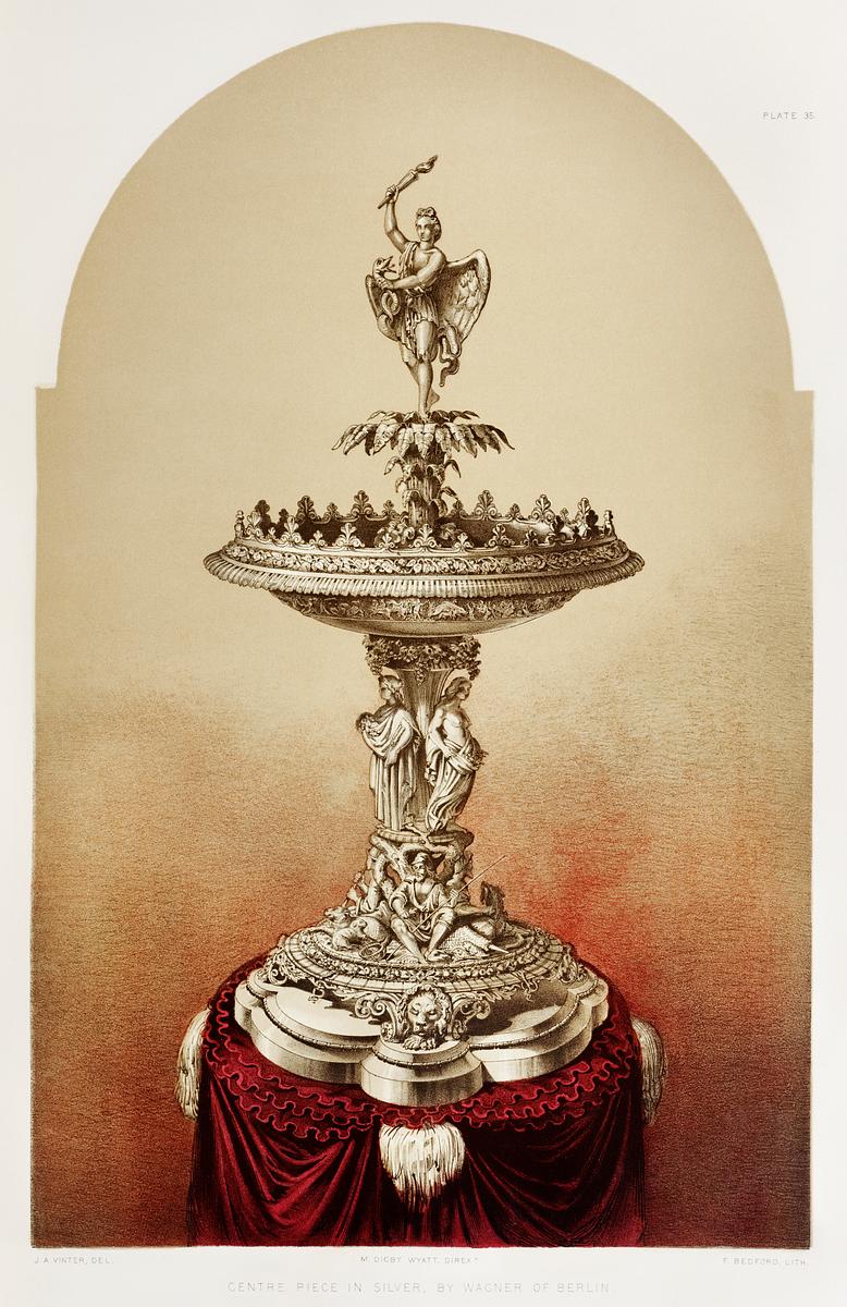 Centre piece in silver from the Industrial… | Free public domain illustration Centre piece in silver from the Industrial arts of the Nineteenth Century (1851-1853) by Sir Matthew Digby wyatt (1820-1877).