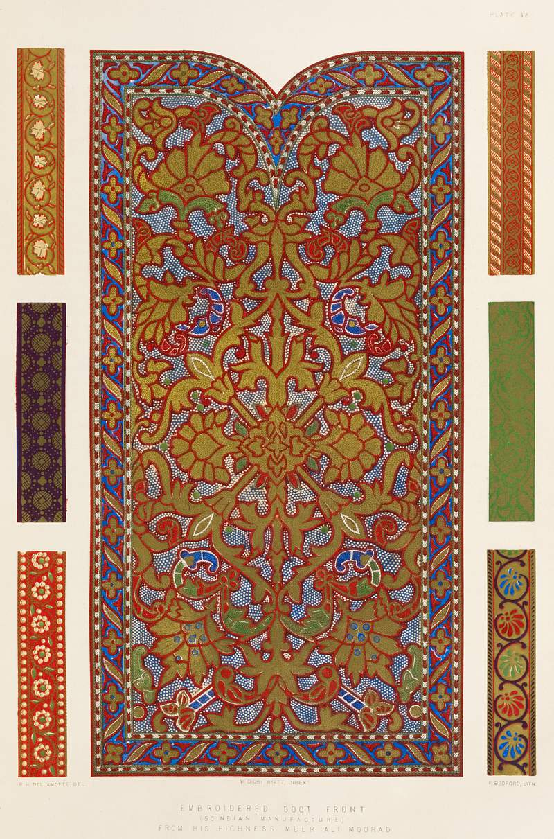 Embroidered boot front from the Industrial… | Free public domain illustration Embroidered boot front from the Industrial arts of the Nineteenth Century (1851-1853) by Sir Matthew Digby wyatt (1820-1877).