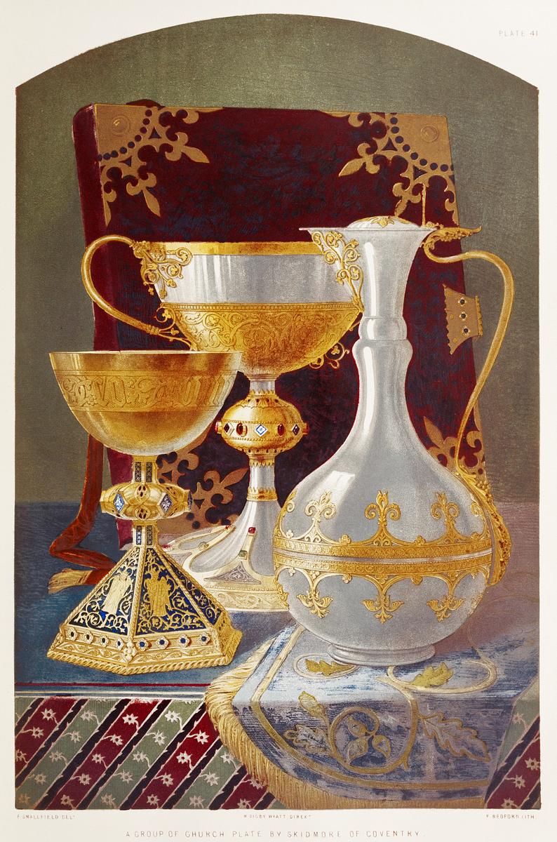 Group of church plate from the Industrial… | Free public domain illustration Group of church plate from the Industrial arts of the Nineteenth Century (1851-1853) by Sir Matthew Digby wyatt (1820-1877).