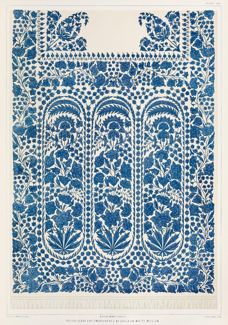 Indian scarf end embroidered at Dacca on white muslin from the Industrial arts of the Nineteenth Century (1851-1853) by Sir Matthew Digby wyatt (1820-1877). Indian scarf end embroidered at Dacca on white muslin from the Industrial arts of the Nineteenth Century (1851-1853) by Sir…