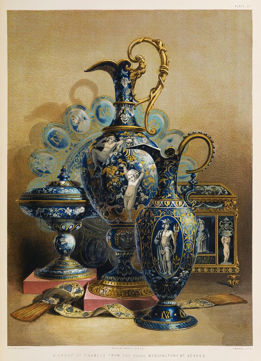 Group of enamels from the royal manufactory… | Free public domain illustration Group of enamels from the royal manufactory at Sévres from the Industrial arts of the Nineteenth Century (1851-1853)…