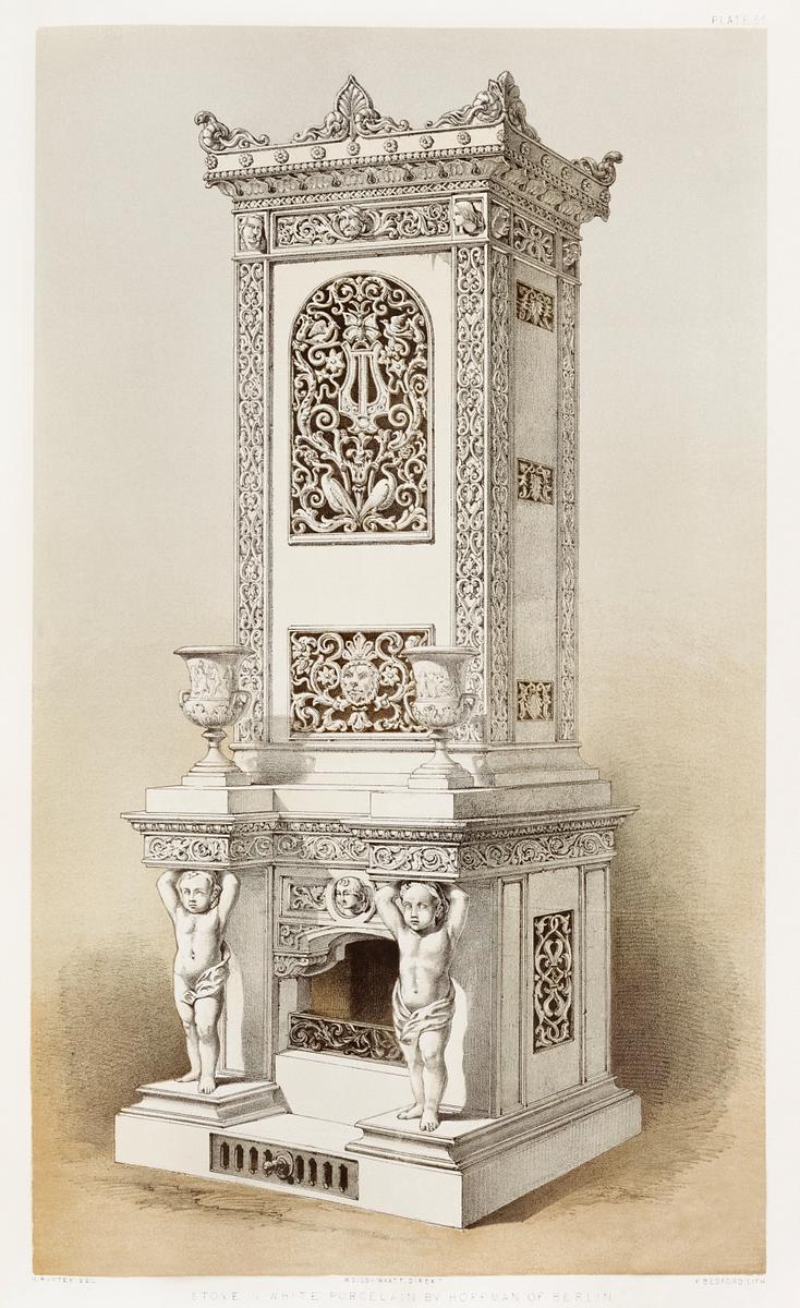Stove in white porcelain from the Industrial… | Free public domain illustration Stove in white porcelain from the Industrial arts of the Nineteenth Century (1851-1853) by Sir Matthew Digby wyatt (1820…
