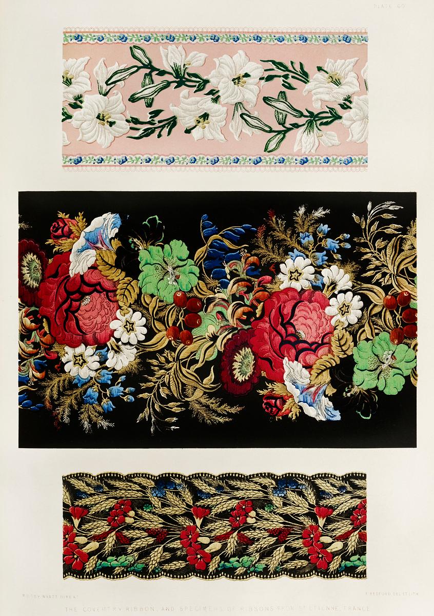 Coventry ribbon and specimens of ribbons from… | Free public domain illustration Coventry ribbon and specimens of ribbons from the Industrial arts of the Nineteenth Century (1851-1853) by Sir Matthew Digby…