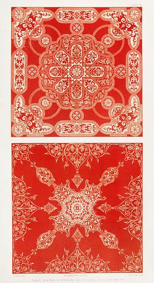 Table covers from the Industrial arts of the Nineteenth Century (1851-1853) by Sir Matthew Digby wyatt (1820-1877). Table covers from the Industrial arts of the Nineteenth Century (1851-1853) by Sir Matthew Digby wyatt (1820-1877). - 1900s,…