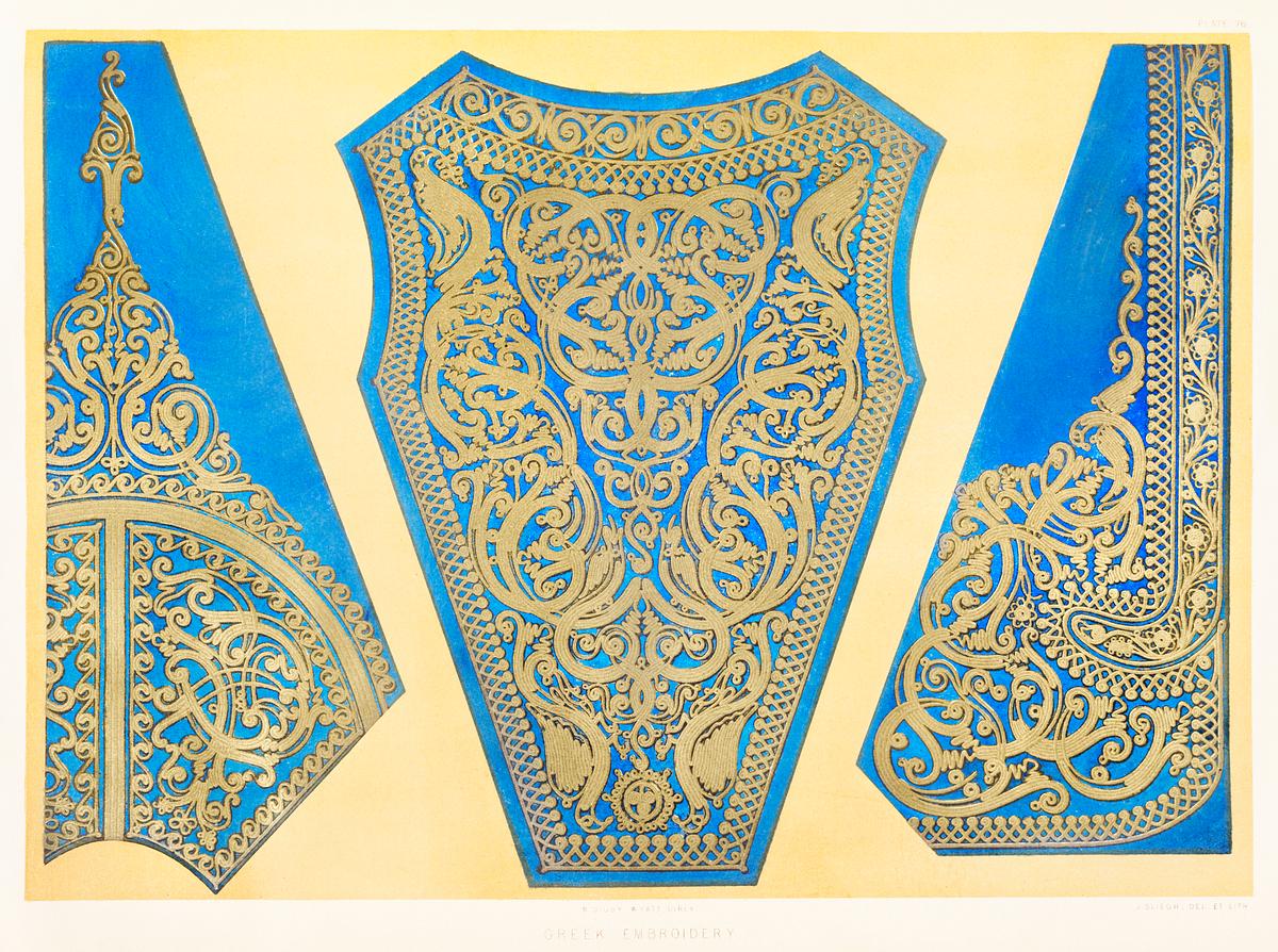 Greek embroidery from the Industrial arts of… | Free public domain illustration Greek embroidery from the Industrial arts of the Nineteenth Century (1851-1853) by Sir Matthew Digby wyatt (1820-1877).