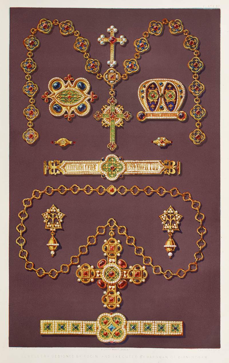 Jewellery design from the Industrial arts of… | Free public domain illustration Jewellery design from the Industrial arts of the Nineteenth Century (1851-1853) by Sir Matthew Digby wyatt (1820-1877).