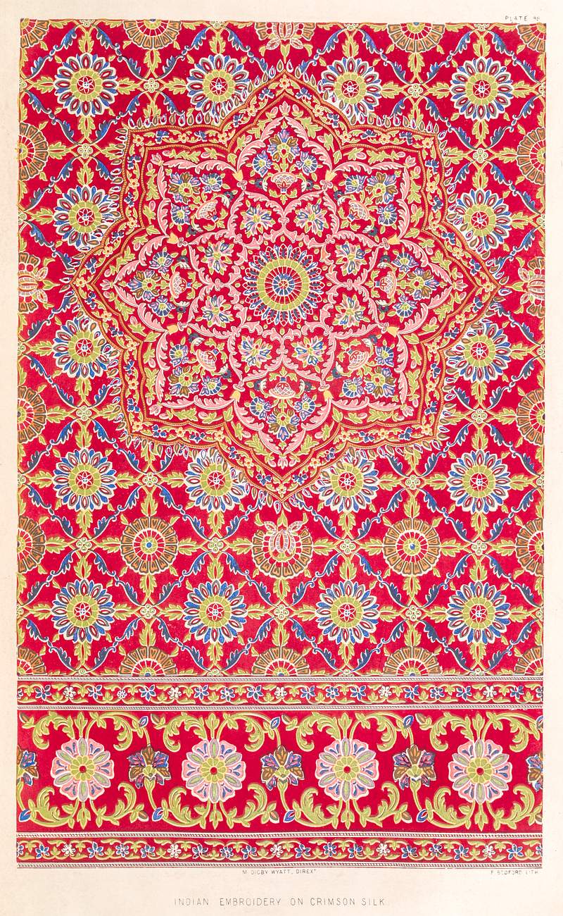 Indian embroidery on crimson silk from the Industrial arts of the Nineteenth Century (1851-1853) by Sir Matthew Digby wyatt (1820-1877). Indian embroidery on crimson silk from the Industrial arts of the Nineteenth Century (1851-1853) by Sir Matthew Digby wyatt…