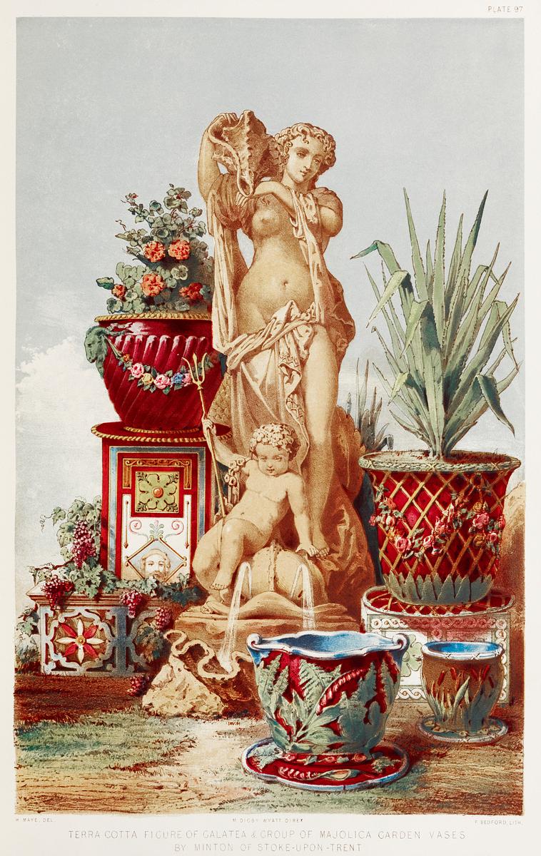 Terra cotta figure of Galatea and group of… | Free public domain illustration Terra cotta figure of Galatea and group of majolica garden vases from the Industrial arts of the Nineteenth Century (1851…