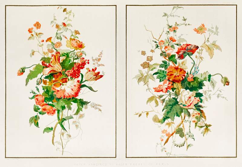 Colorful flowers Paper hangings from the Industrial arts of the Nineteenth Century (1851-1853) by Sir Matthew Digby wyatt (1820-1877).
