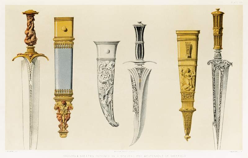 Vintage daggers design | Free public domain illustration Daggers and sheaths from the Industrial arts of the Nineteenth Century (1851-1853) by Sir Matthew Digby wyatt (1820-1877).