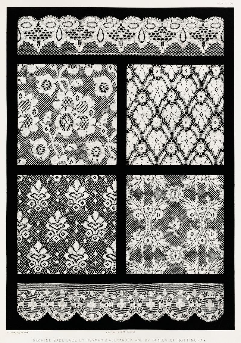 Machine made lace from the Industrial arts of the Nineteenth Century (1851-1853) by Sir Matthew Digby wyatt (1820-1877). Machine made lace from the Industrial arts of the Nineteenth Century (1851-1853) by Sir Matthew Digby wyatt (1820-1877).