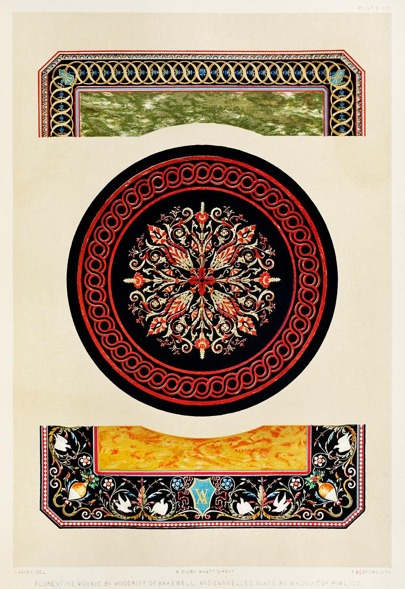 Florentine mosaic from the Industrial arts of the Nineteenth Century (1851-1853) by Sir Matthew Digby wyatt (1820-1877). Florentine mosaic from the Industrial arts of the Nineteenth Century (1851-1853) by Sir Matthew Digby wyatt (1820-1877).