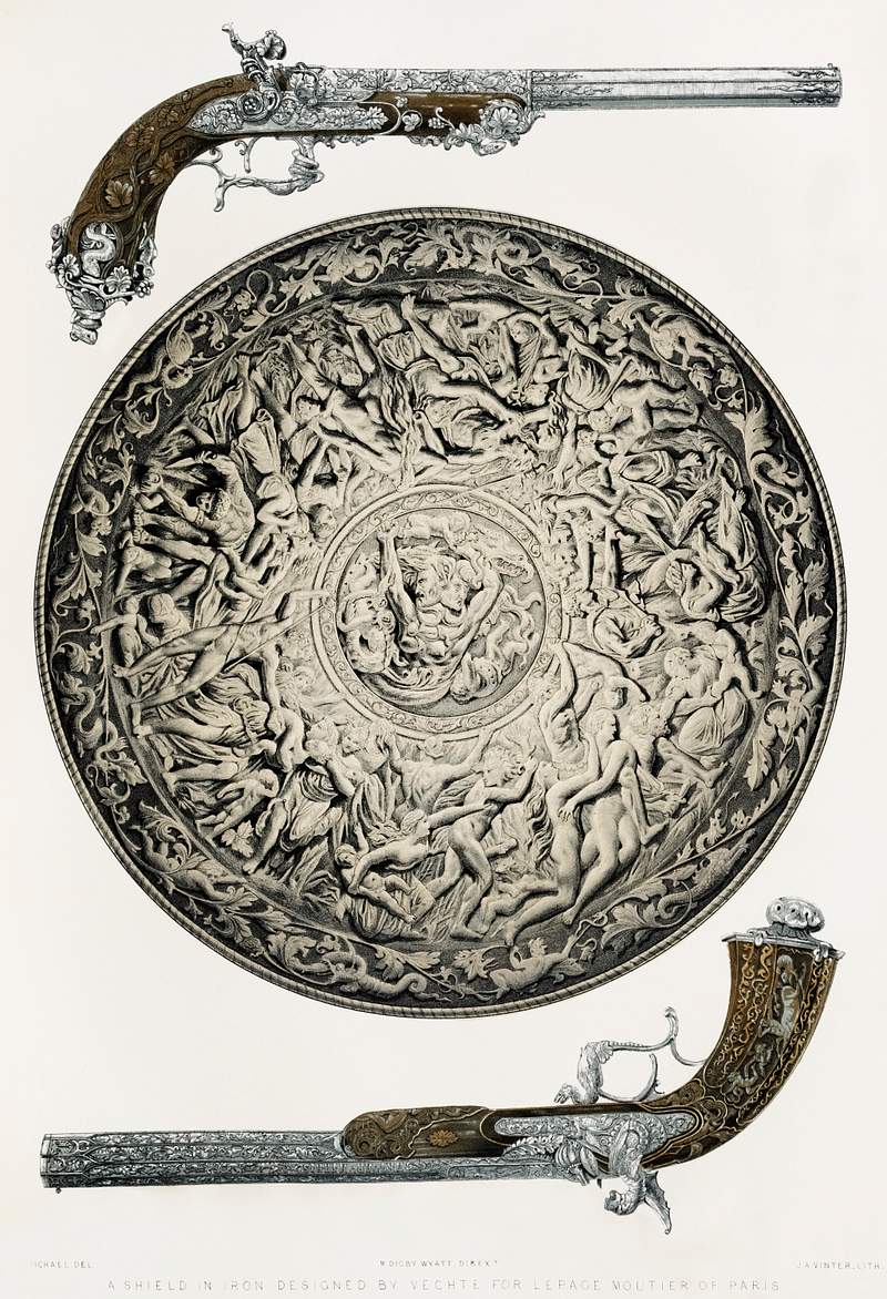 A shield in iron and guns from the Industrial… | Free public domain illustration A shield in iron and guns from the Industrial arts of the Nineteenth Century (1851-1853) by Sir Matthew Digby wyatt (1820…