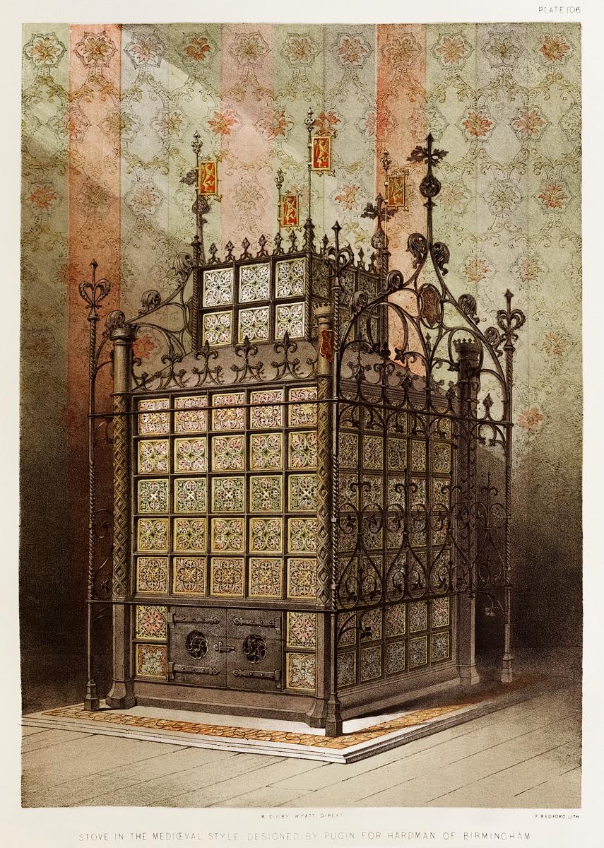 Stove in the medieval style from the… | Free public domain illustration Stove in the medieval style from the Industrial arts of the Nineteenth Century (1851-1853) by Sir Matthew Digby wyatt (1820…