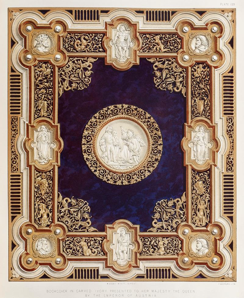 Bookcover in carved ivory from the Industrial arts of the Nineteenth Century (1851-1853) by Sir Matthew Digby wyatt (1820-1877). Bookcover in carved ivory from the Industrial arts of the Nineteenth Century (1851-1853) by Sir Matthew Digby wyatt (1820…