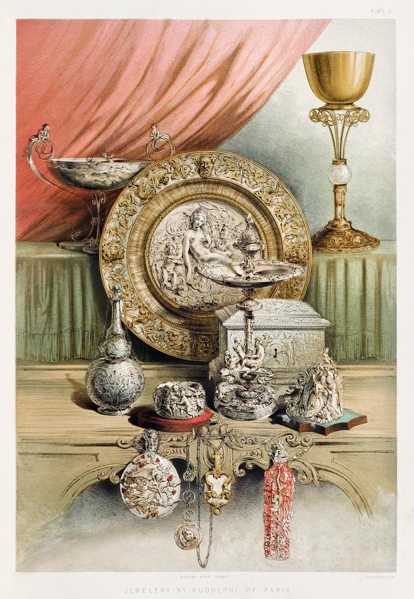 Jewelery from the Industrial arts of the… | Free public domain illustration Jewelery from the Industrial arts of the Nineteenth Century (1851-1853) by Sir Matthew Digby wyatt (1820-1877).