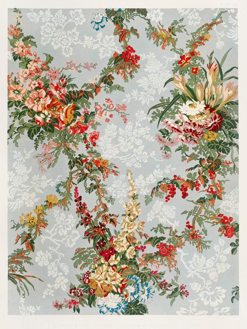 Colorful flowers Figured silk from the Industrial arts of the Nineteenth Century (1851-1853) by Sir Matthew Digby wyatt (1820-1877).