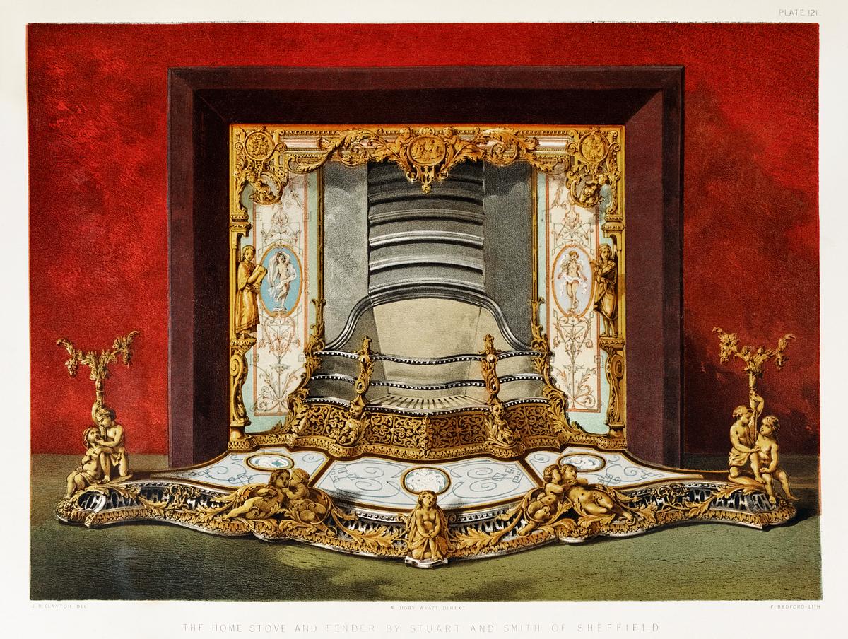 Home stove and fender from the Industrial… | Free public domain illustration Home stove and fender from the Industrial arts of the Nineteenth Century (1851-1853) by Sir Matthew Digby wyatt (1820-1877).