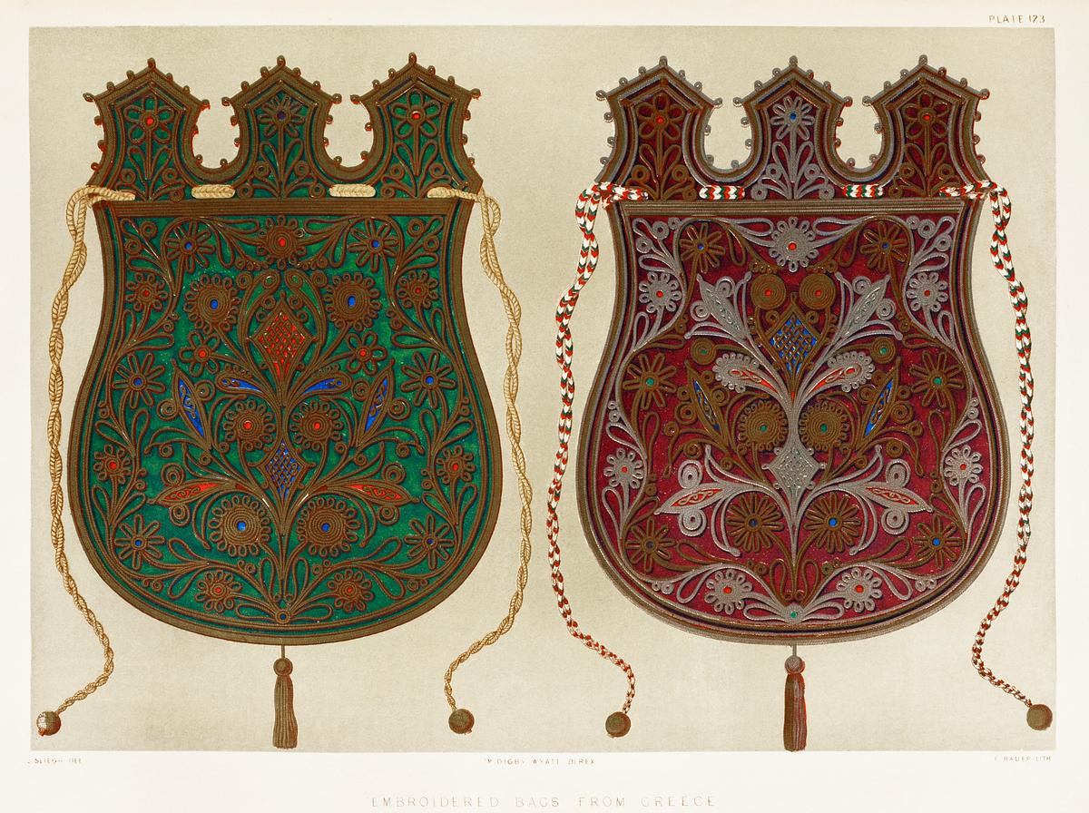 Embroidered bags from Greece from the… | Free public domain illustration Embroidered bags from Greece from the Industrial arts of the Nineteenth Century (1851-1853) by Sir Matthew Digby wyatt (1820…