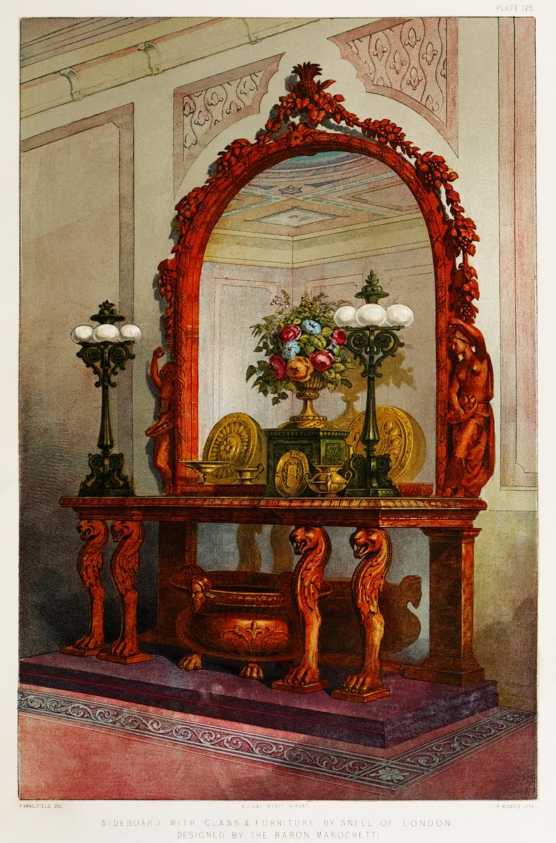 Sideboard with glass and furniture from the… | Free public domain illustration Sideboard with glass and furniture from the Industrial arts of the Nineteenth Century (1851-1853) by Sir Matthew Digby wyatt…