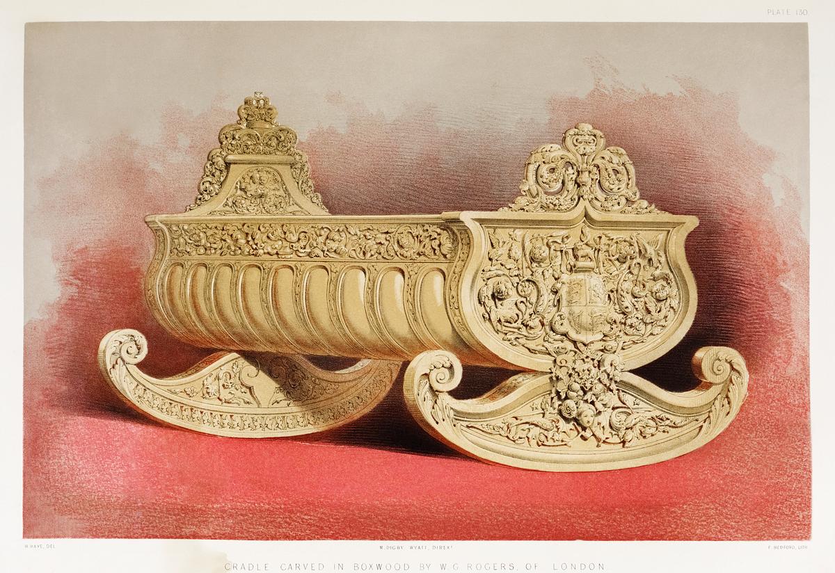 Cradle carved in boxwood from the Industrial… | Free public domain illustration Cradle carved in boxwood from the Industrial arts of the Nineteenth Century (1851-1853) by Sir Matthew Digby wyatt (1820…