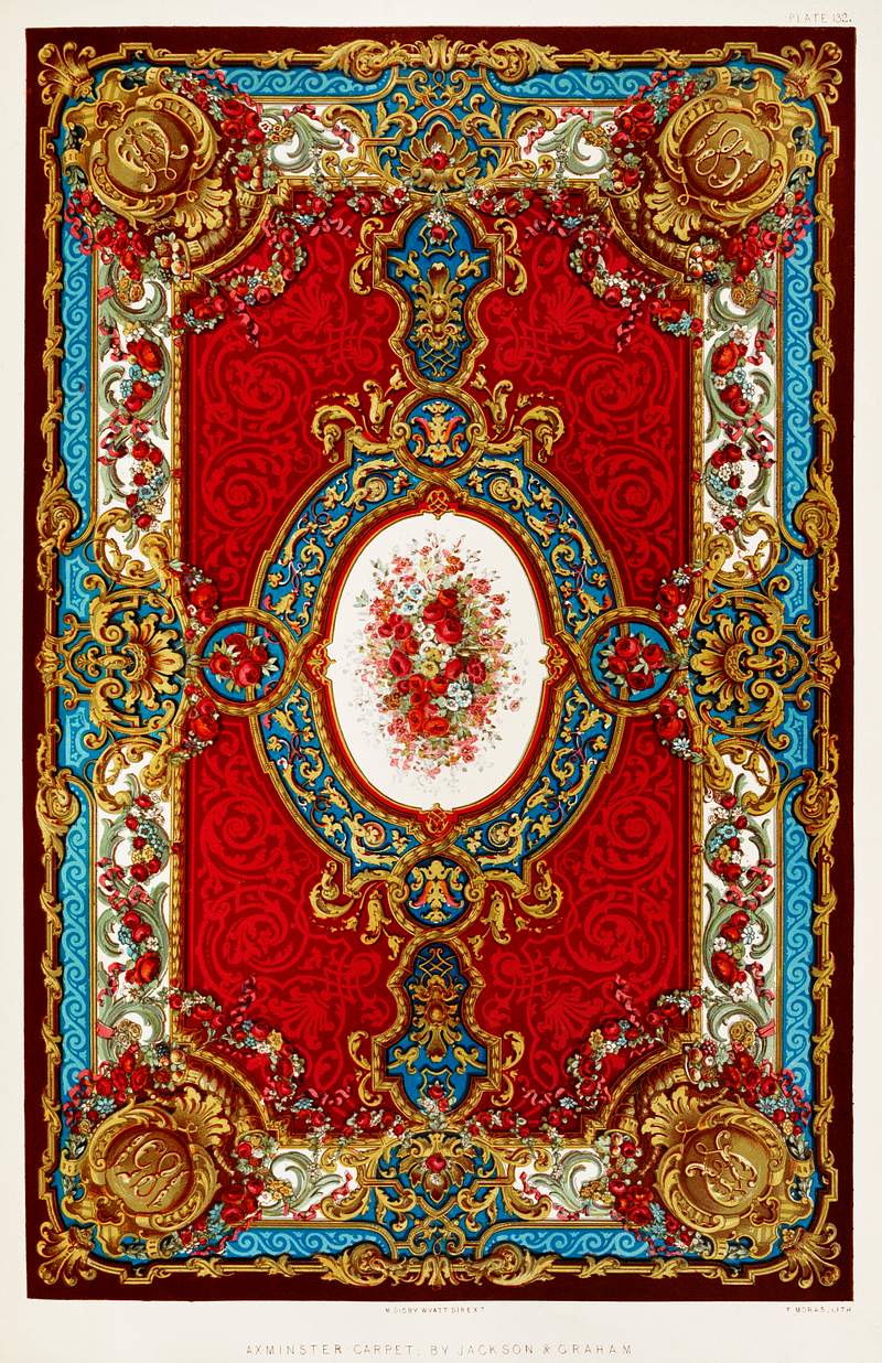 Axminster carpet from the Industrial arts of… | Free public domain illustration Axminster carpet from the Industrial arts of the Nineteenth Century (1851-1853) by Sir Matthew Digby wyatt (1820-1877).